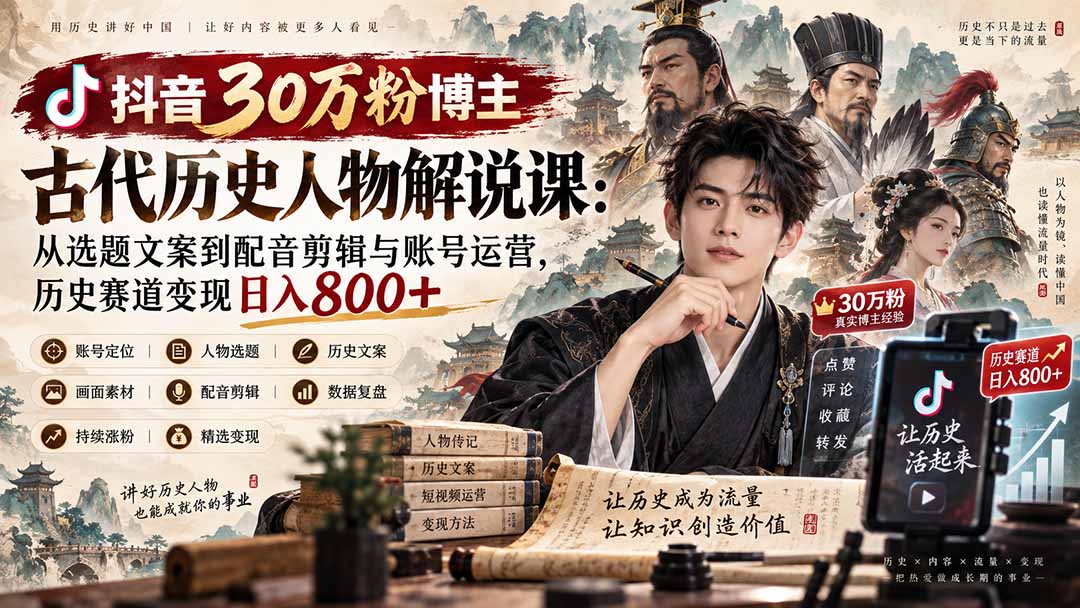 抖音30万粉博主古代历史人物解说课：从选题文案到配音剪辑与账号运营，历史赛道变现日入800+-朽念云创