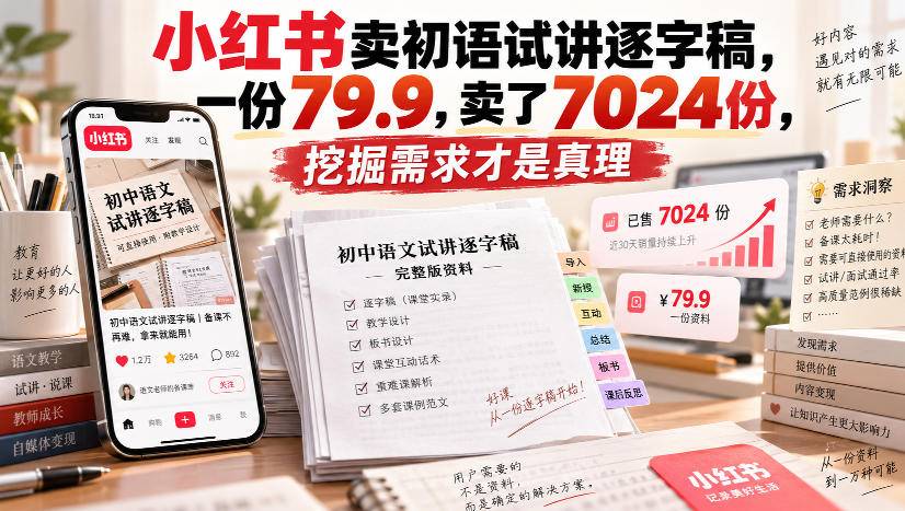 小红书卖初语试讲逐字稿，一份79.9，卖了7024份，挖掘需求才是真理-朽念云创