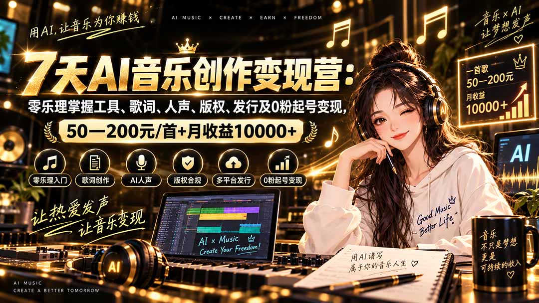 AI音乐创作变现营：零乐理掌握工具、歌词、人声、版权、发行及0粉起号变现，50—200元/首+月收益10000+-朽念云创