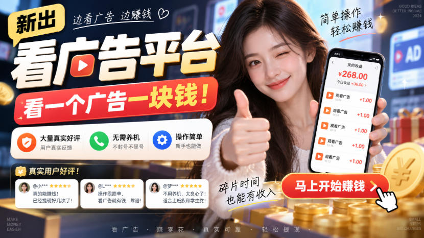 新出看广告平台，看一个广告一块钱，大量真实好评！无需养机、不会黑号，操作简单【揭秘】-朽念云创