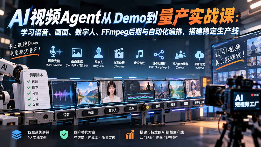 AI视频Agent从Demo到量产实战课：学习语音、画面、数字人、FFmpeg后期与自动化编排，搭建稳定生产线-朽念云创
