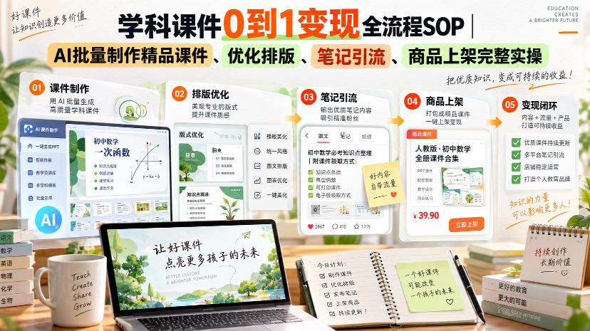 学科课件0到1变现全流程SOP｜AI批量制作精品课件、优化排版、笔记引流、商品上架完整实操​-朽念云创