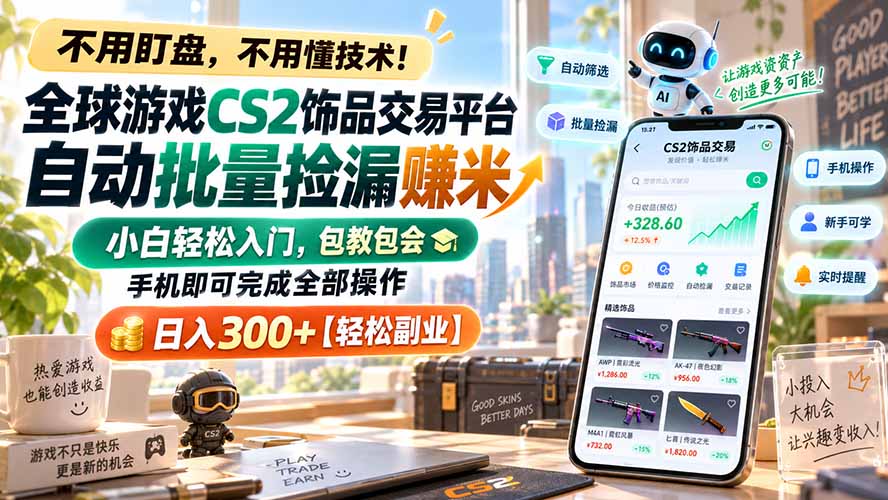 全球游戏CS2饰品交易平台自动批量捡漏赚米，小白轻松入门，包教包会，手机即可完成全部操作，日入300+【轻松副业】-朽念云创