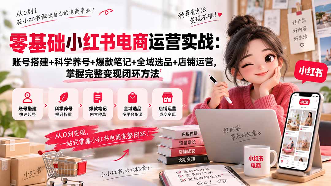 零基础小红书电商运营实战：账号搭建+科学养号+爆款笔记+全域选品+店铺运营，掌握完整变现闭环方法-朽念云创