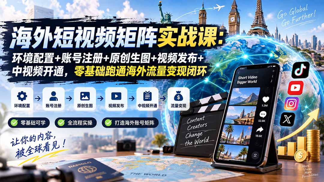 海外短视频矩阵实战课：环境配置+账号注册+原创生图+视频发布+中视频开通，零基础跑通海外流量变现闭环-朽念云创