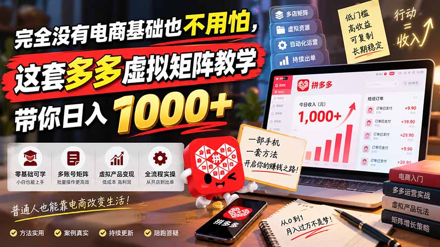 完全没有电商基础也不用怕，这套多多虚拟矩阵教学带你日入 1000+-朽念云创