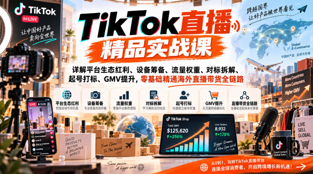 TikTok直播精品实战课，详解平台生态红利、设备筹备、流量权重、对标拆解、起号打标、GMV提升，零基础精通海外直播带货全链路-朽念云创