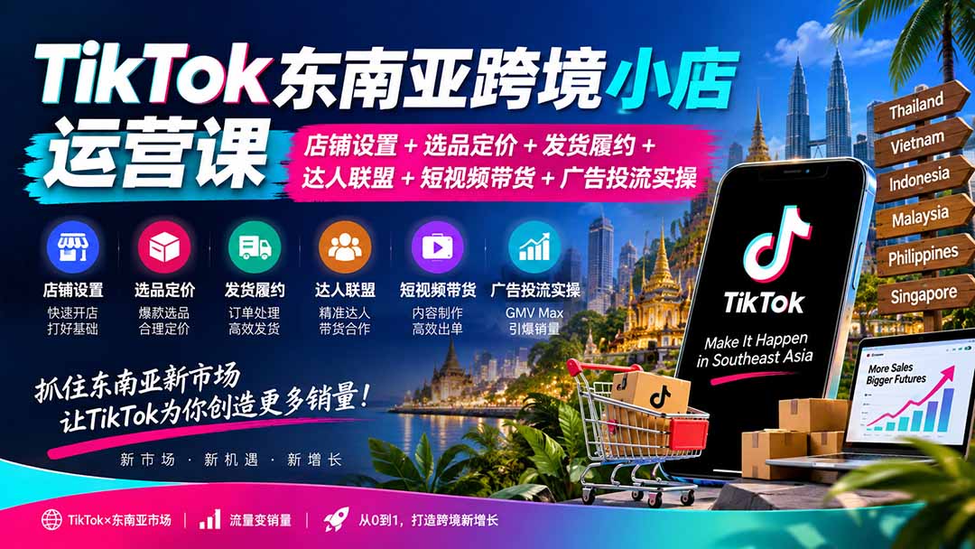 TikTok东南亚跨境小店运营课：店铺设置+选品定价+发货履约+达人联盟+短视频带货+广告投流实操-朽念云创