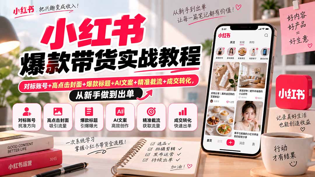 小红书爆款带货实战教程｜对标账号+高点击封面+爆款标题+AI文案+精准截流+成交转化，从新手做到出单-朽念云创