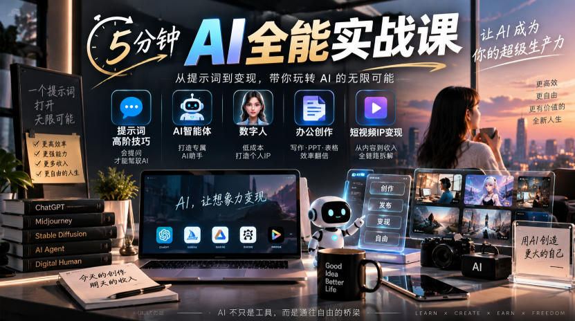 5分钟AI全能实战课｜提示词高阶技巧+AI智能体+数字人+办公创作+短视频IP变现全教程-朽念云创