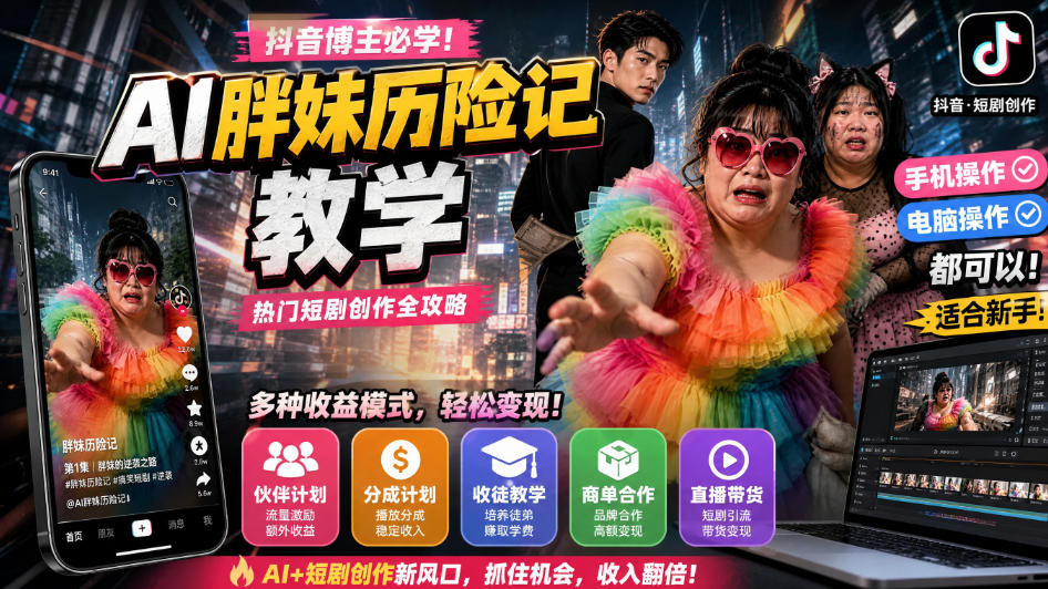 抖音博主的AI胖妹历险记教学，伙伴计划+分成计划+收徒+商单等多种收益，适合新手，手机电脑都可以操作-朽念云创