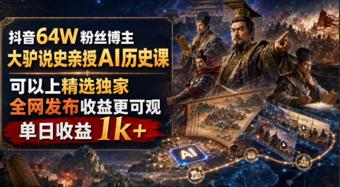 抖音64W粉丝博主大驴说史亲授AI历史课，可以上精选独家，全网发布收益更可观，单日收益1k+(更新)-朽念云创
