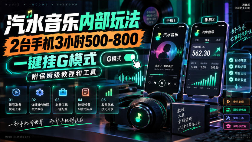 汽水音乐内部玩法,2台手机3小时500-800,一键挂G模式,附保姆级教程和工具【揭秘】