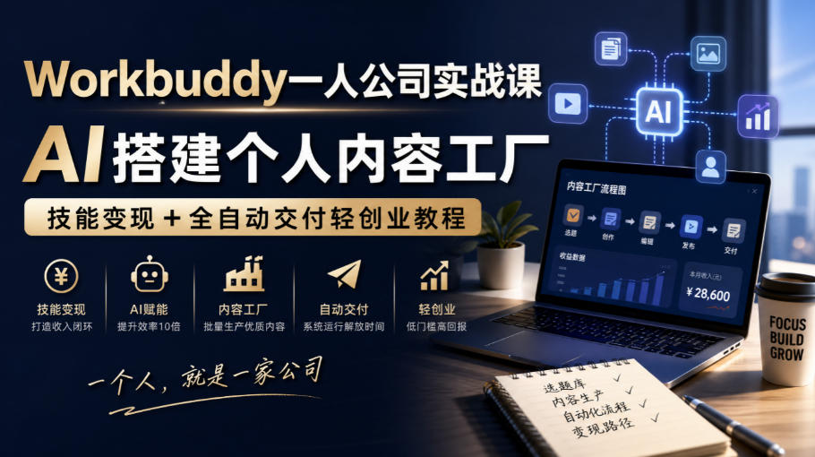 Workbuddy一人公司实战课，AI搭建个人内容工厂，技能变现+全自动交付轻创业教程​-朽念云创