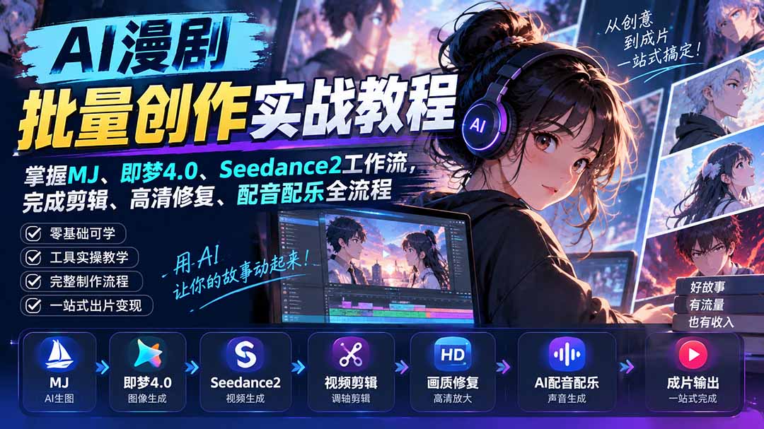 AI漫剧批量创作实战教程：掌握MJ、即梦4.0、Seedance2工作流，完成剪辑、高清修复、配音配乐全流程-朽念云创