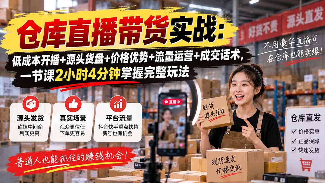 仓库直播带货实战：低成本开播+源头货盘+价格优势+流量运营+成交话术，一节课2小时4分钟掌握完整玩法-朽念云创