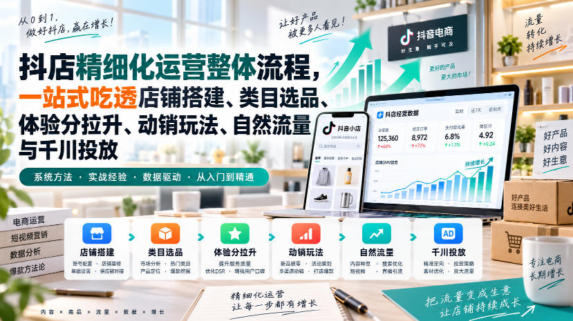 李哥电商-抖店精细化运营整体流程，一站式吃透店铺搭建、类目选品、体验分拉升、动销玩法、自然流量与千川投放-朽念云创