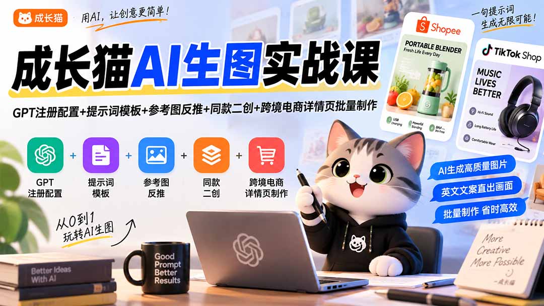 成长猫AI生图实战课｜GPT注册配置+提示词模板+参考图反推+同款二创+跨境电商详情页批量制作-朽念云创
