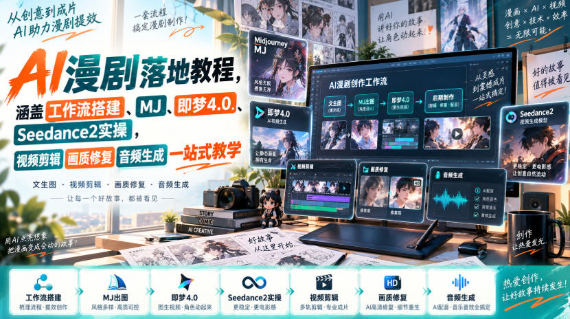 AI漫剧落地教程，涵盖工作流搭建、MJ、即梦4.0、Seedance2实操，视频剪辑画质修复音频生成一站式教学-朽念云创