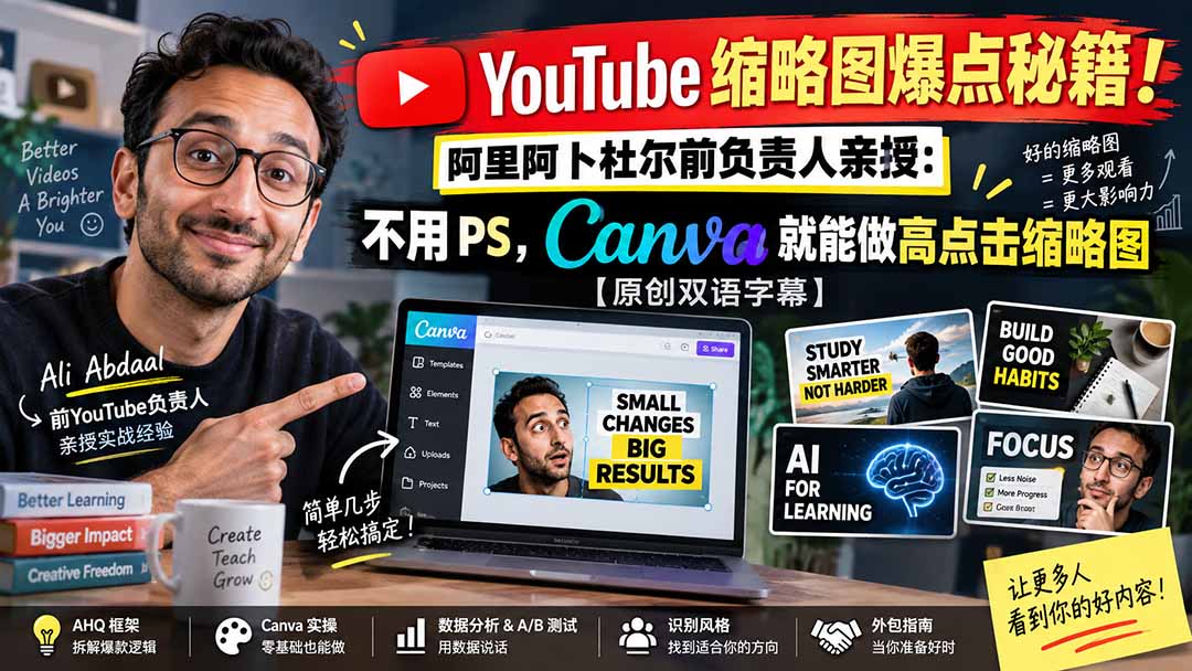 YouTube 缩略图爆点秘籍！阿里阿卜杜尔前负责人亲授：不用 PS，Canva 就能做高点击缩略图【原创双语字幕】-朽念云创