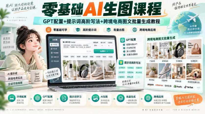 零基础AI生图课程，GPT配置+提示词高阶写法+跨境电商图文批量生成教程-朽念云创