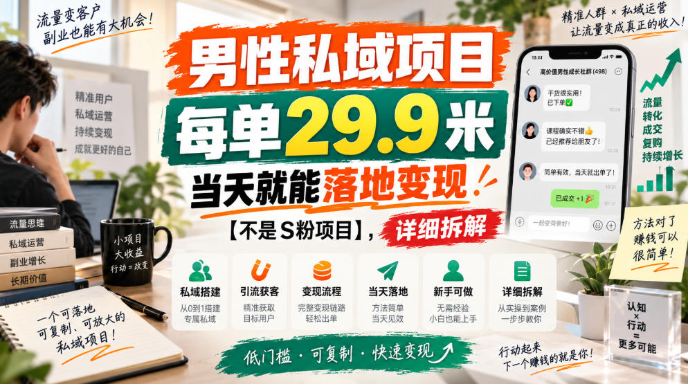 男性私域项目，每单29.9米，当天就能落地变现【不是S粉项目】，详细拆解-朽念云创