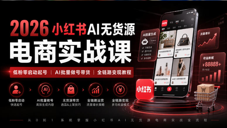 2026小红书AI无货源电商实战课｜低粉零启动起号｜AI批量做号带货全链路变现教程-朽念云创