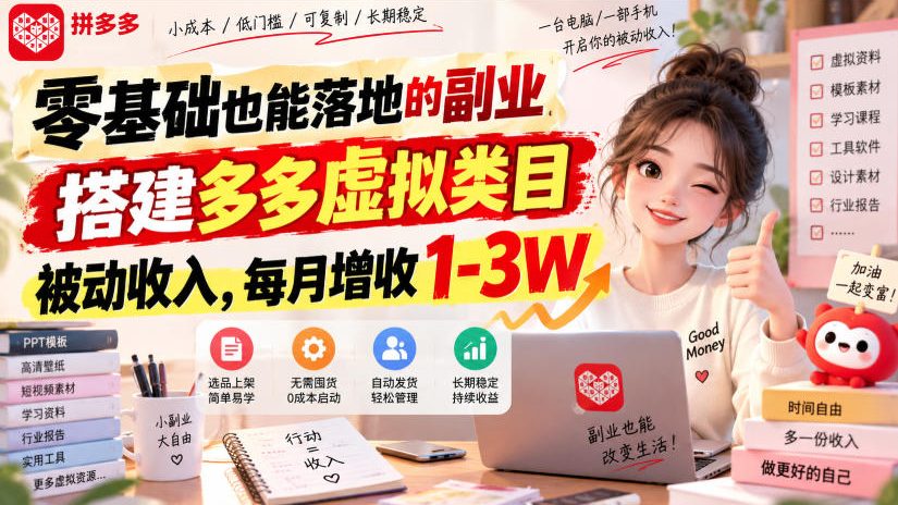 零基础也能落地的副业，搭建多多虚拟类目被动收入，每月增收1-3W【揭秘】-朽念云创