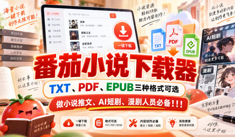 番茄小说下载器，TXT、PDF、EPUB三种格式可选，做小说推文、AI短剧、漫剧人员必备！！！-朽念云创