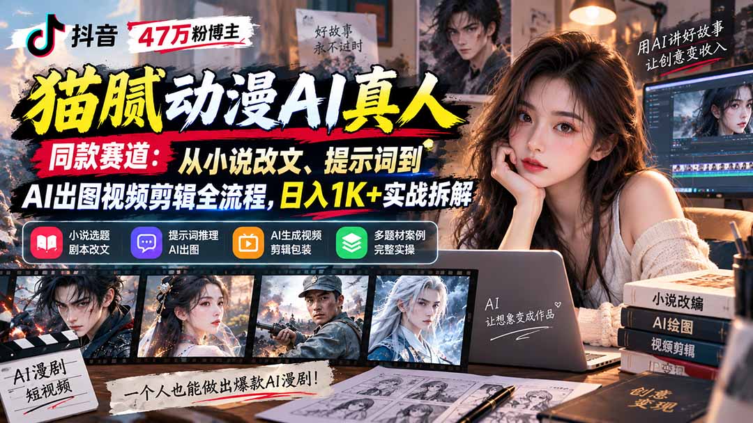 抖音47万粉博主猫腻动漫AI真人同款赛道：从小说改文、提示词到AI出图视频剪辑全流程，日入1K+实战拆解-朽念云创