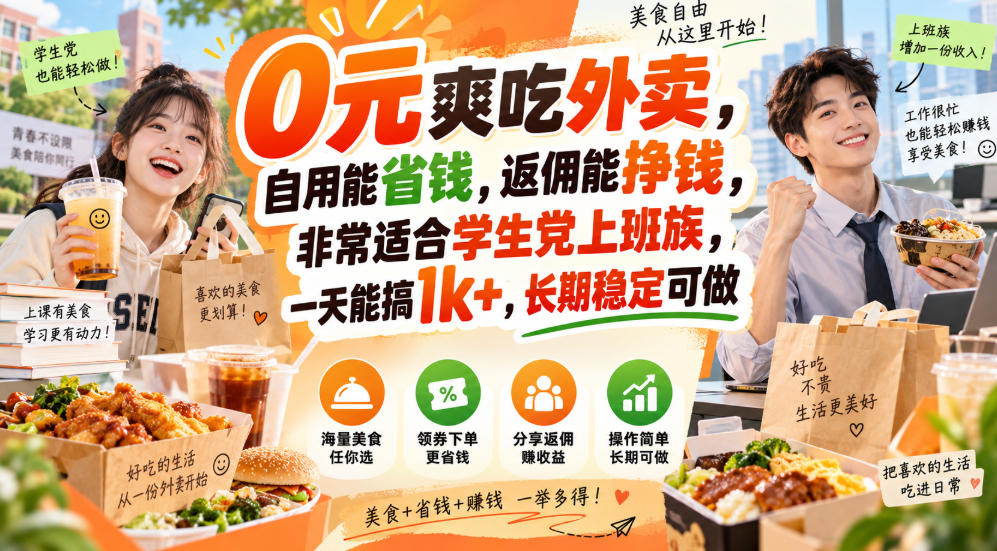 0元爽吃外卖，自用能省钱，返佣能挣钱，非常适合学生党上班族，一天能搞1k+，长期稳定可做-朽念云创
