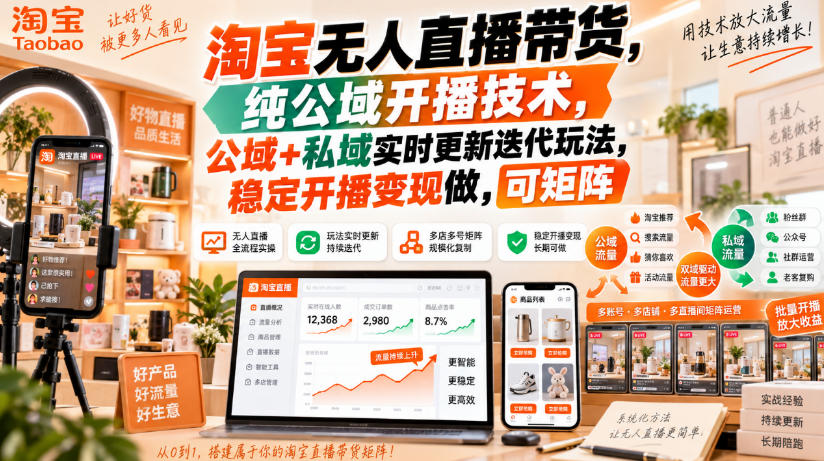 淘宝无人直播带货，纯公域开播技术，公域+私域实时更新迭代玩法，稳定开播变现做，可矩阵【揭秘】-朽念云创