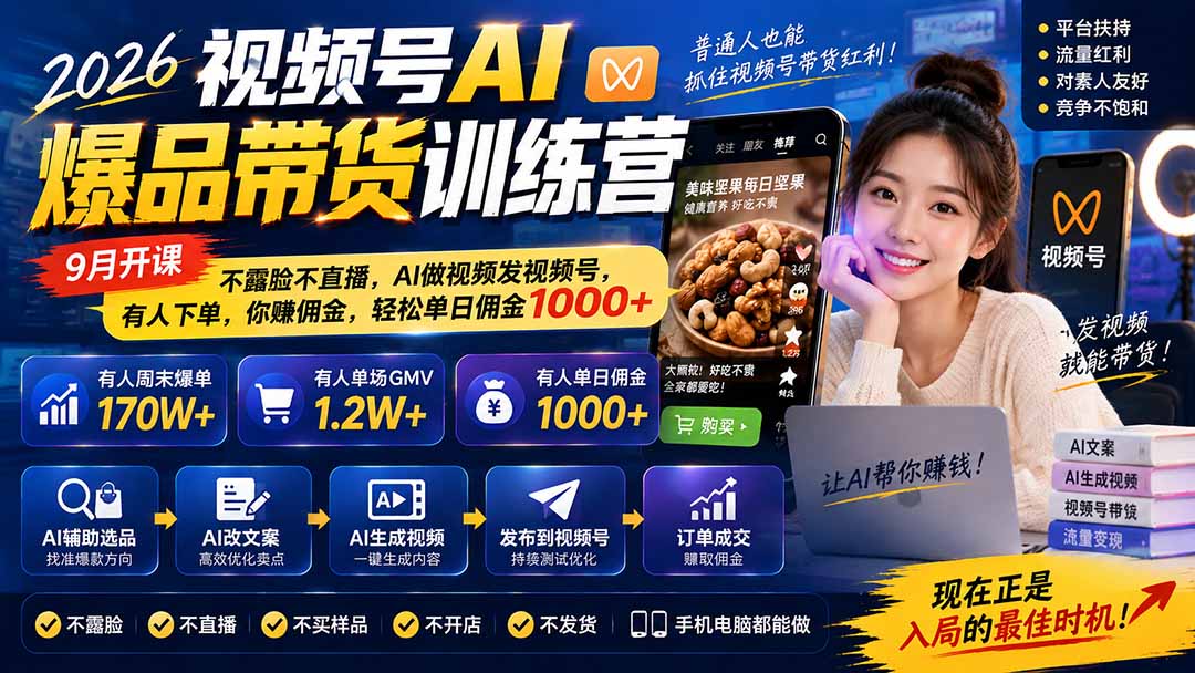 图片[1]-2026视频号AI爆品带货训练营-9月开课｜不露脸不直播，AI做视频发视频号，有人下单，你赚佣金，轻松单日佣金1000+-朽念云创