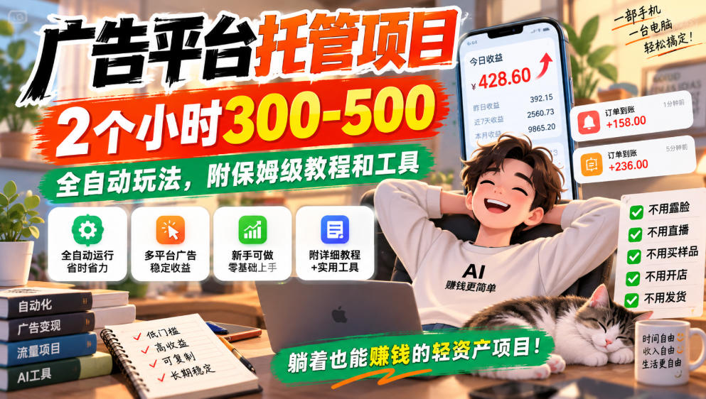 广告平台托管项目，2个小时300-500，全自动玩法，附保姆级教程和工具，小白照着就能做【揭秘】-朽念云创