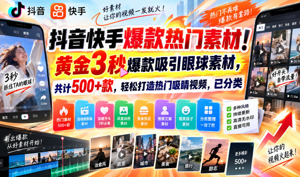 抖音快手爆款热门素材！黄金3秒爆款吸引眼球素材，共计500+款，轻松打造热门吸睛视频，已分类-朽念云创