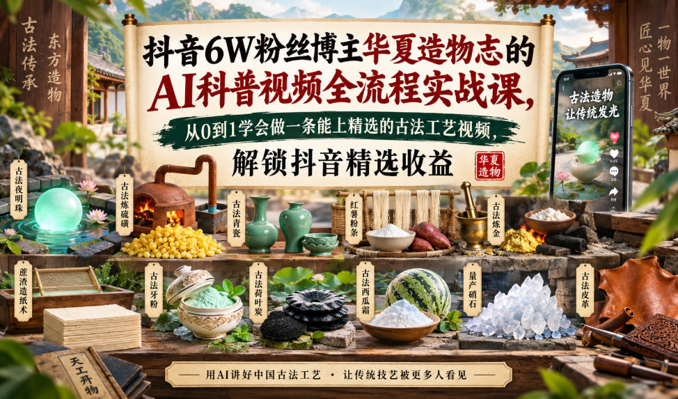 抖音6W粉丝博主华夏造物志的AI科普视频全流程实战课，从0到1学会做一条能上精选的古法工艺视频，解锁抖音精选收益-朽念云创