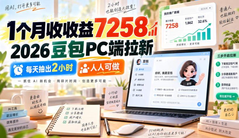 1个月收收益7258，2026豆包PC端拉新，每天抽出2小时，人人可做-朽念云创
