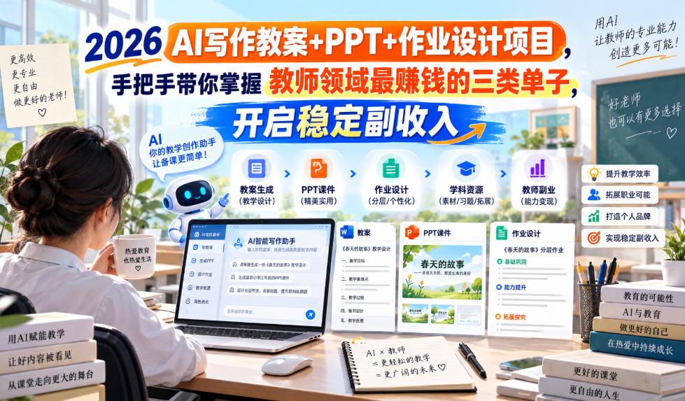 2026 AI写作教案+PPT+作业设计项目，手把手带你掌握教师领域最賺钱的三类单子，开启稳定副收入-朽念云创