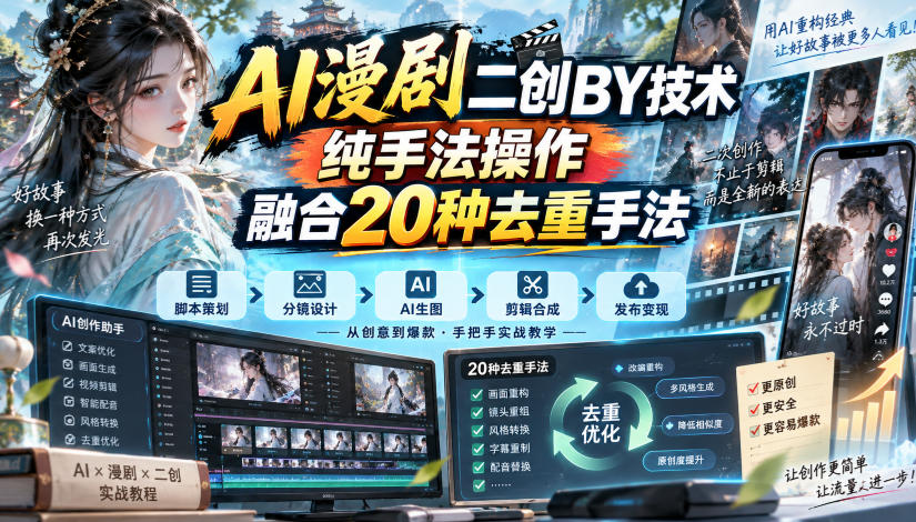 AI漫剧二创搬运技术，纯手法操作，融合20种去重手法-朽念云创