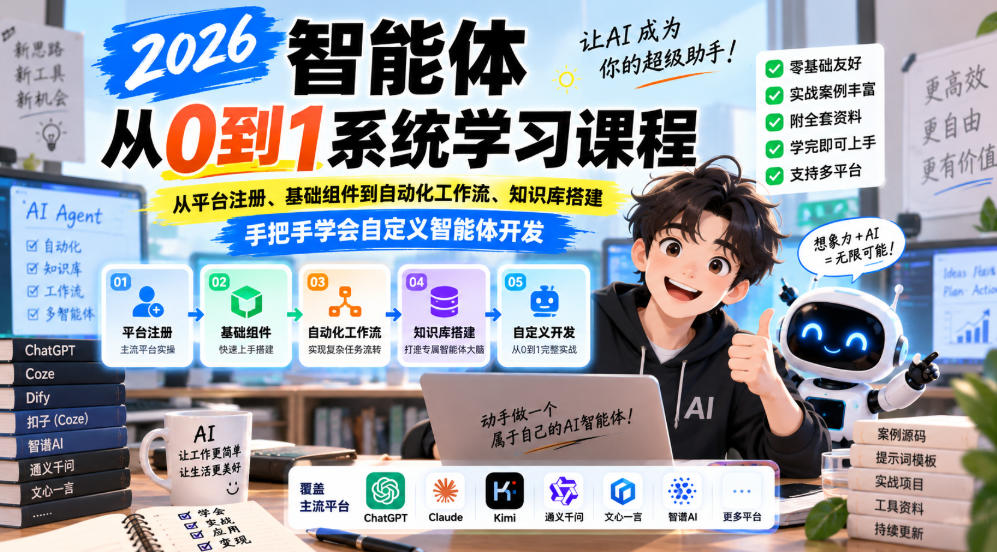 2026智能体从0到1系统学习课程，从平台注册、基础组件到自动化工作流、知识库搭建，手把手学会自定义智能体开发-朽念云创