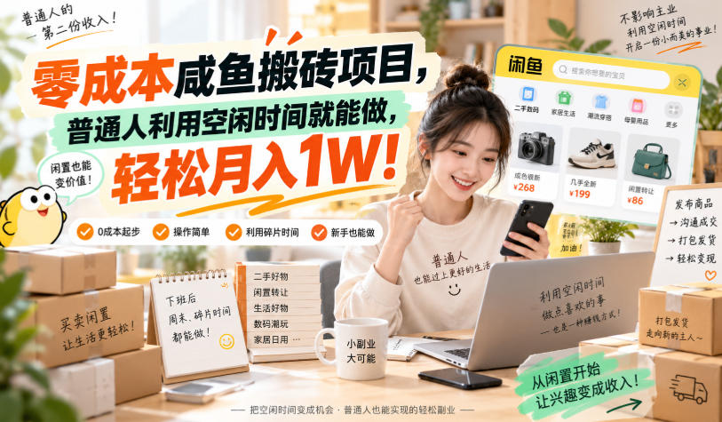 零成本咸鱼搬砖项目，普通人利用空闲时间就能做，轻松月入1W！【揭秘】-朽念云创