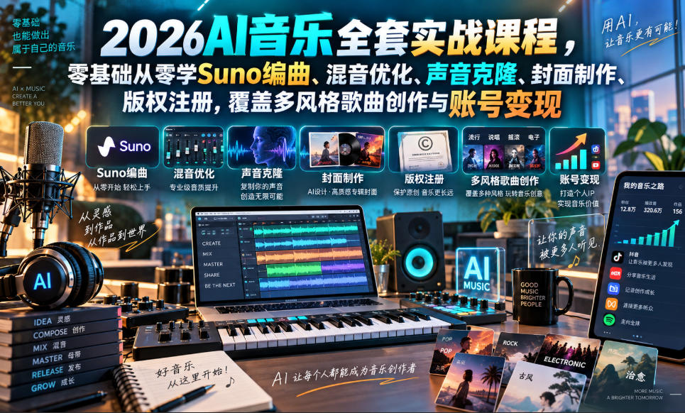 2026AI音乐实战课程，零基础从零学Suno编曲、混音优化、声音克隆、版权注册，覆盖多风格歌曲创作与账号变现-朽念云创