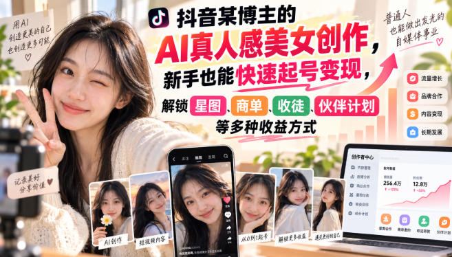 抖音某博主的AI真人感美女创作，新手也能快速起号变现，解锁星图，商单，收徒，伙伴计划等多种收益方式-朽念云创