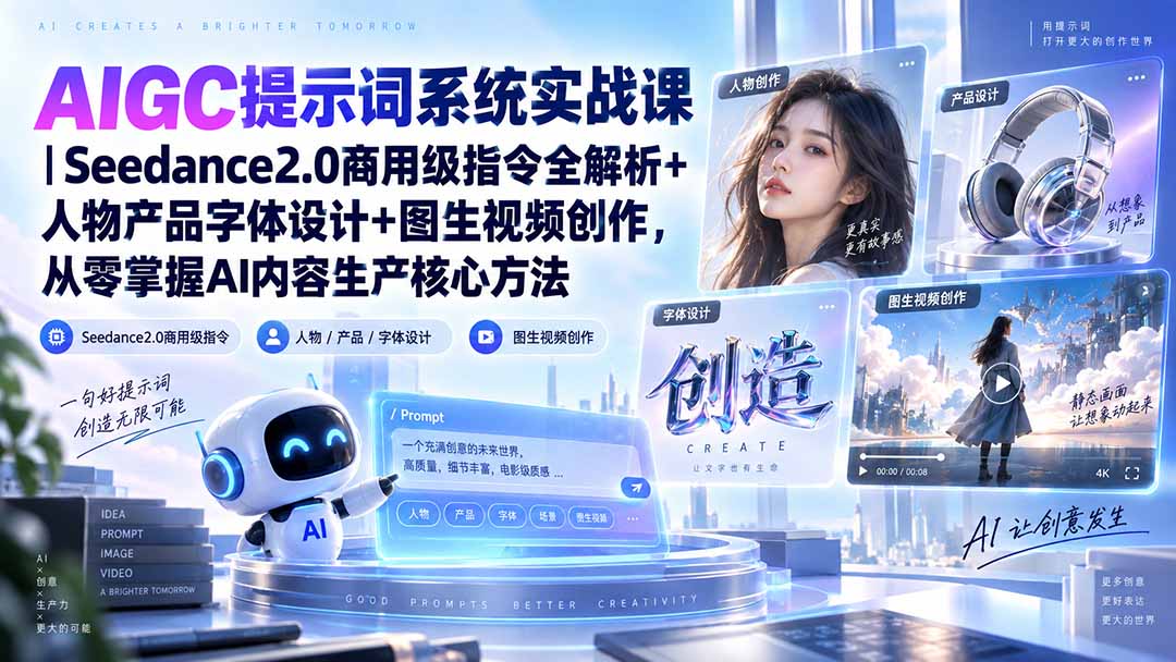 AIGC提示词系统实战课-无水印｜Seedance2.0商用级指令全解析+人物产品字体设计+图生视频创作，掌握AI内容生产方法-朽念云创