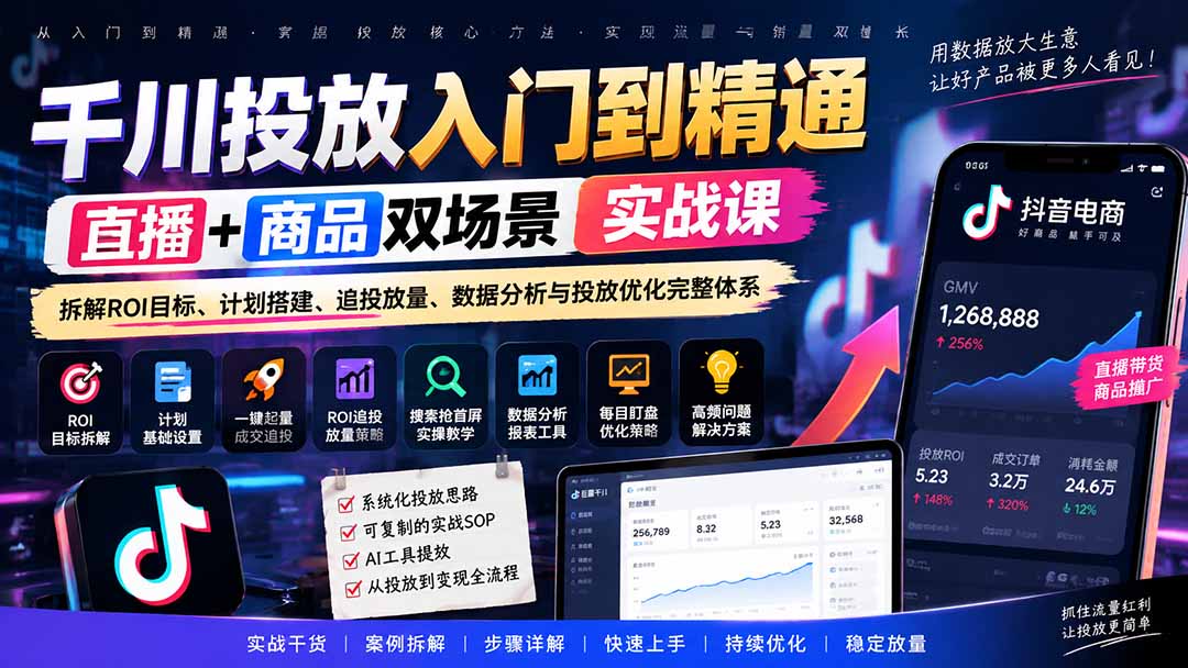 千川投放入门到精通实战课｜直播+商品双场景拆解ROI目标、计划搭建、追投放量、数据分析与投放优化完整体系-朽念云创