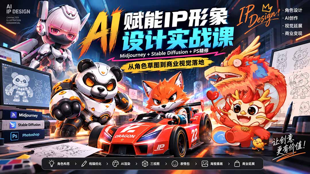 AI赋能IP形象设计实战课-无水印：Midjourney+Stable Diffusion+PS精修，从角色草图到商业视觉落地-朽念云创