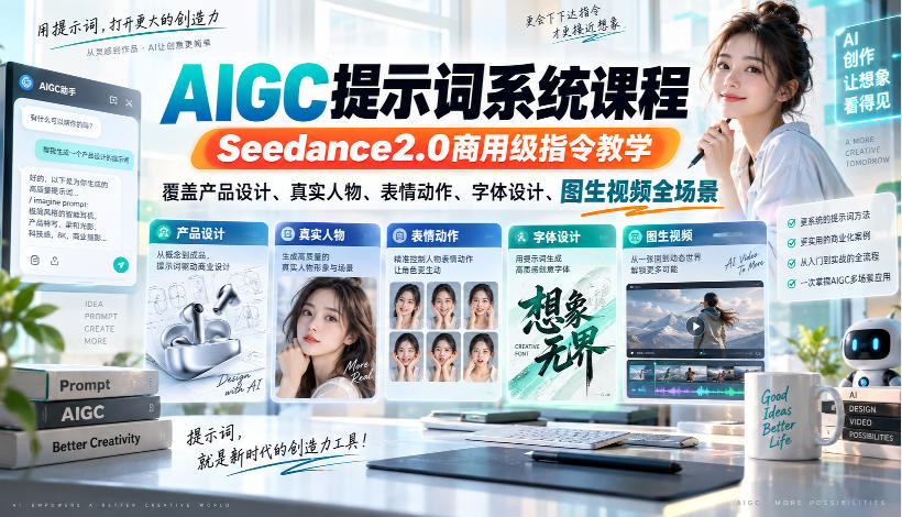 AIGC提示词系统课程，Seedance2.0商用级指令教学，覆盖产品设计、真实人物、表情动作、字体设计、图生视频全场景-朽念云创