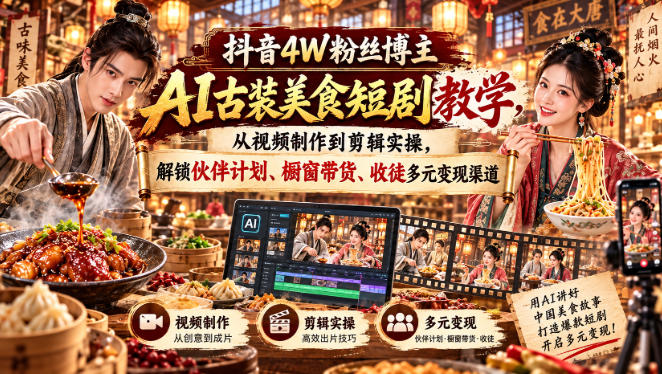 抖音4W粉丝博主AI古装美食短剧教学，从视频制作到剪辑实操，解锁伙伴计划、橱窗带货、收徒多元变现渠道-朽念云创