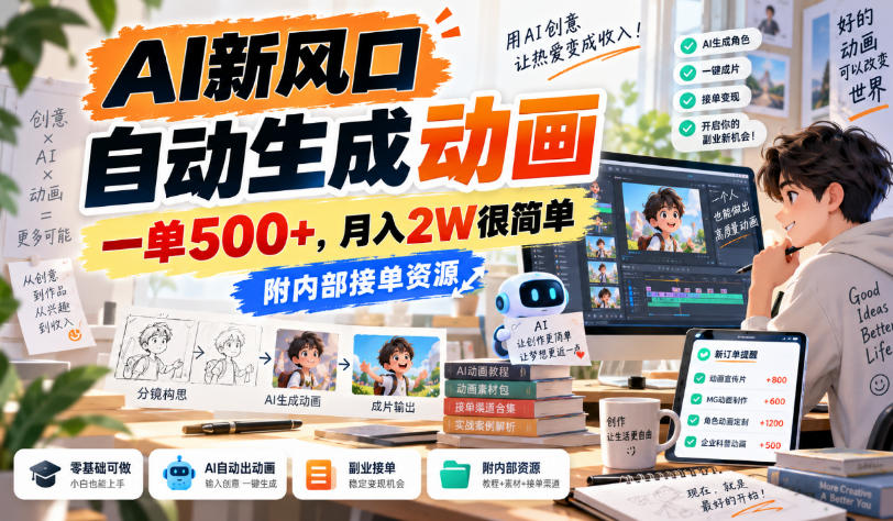 AI新风口，自动生成动画，一单500+，月入2W很简单，附内部接单资源【揭秘】-朽念云创