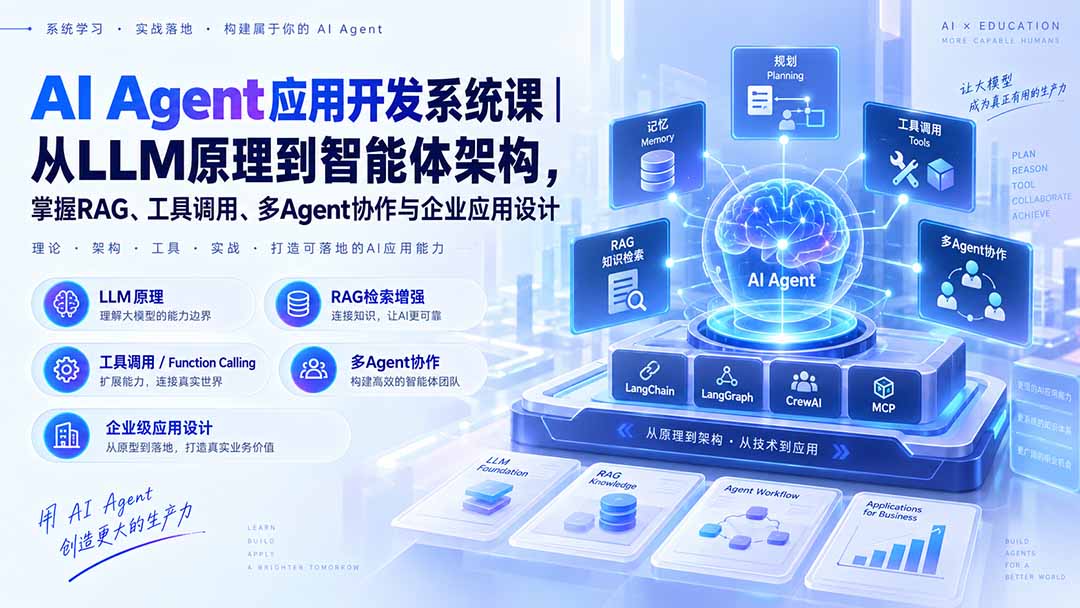 AI Agent应用开发系统课-179节｜从LLM原理到智能体架构，掌握RAG、工具调用、多Agent协作与企业应用设计-朽念云创